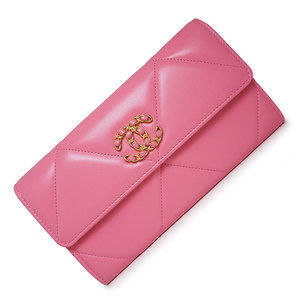 Chanel Nineteen Bifold Long Wallet Lambskin Leather Pink